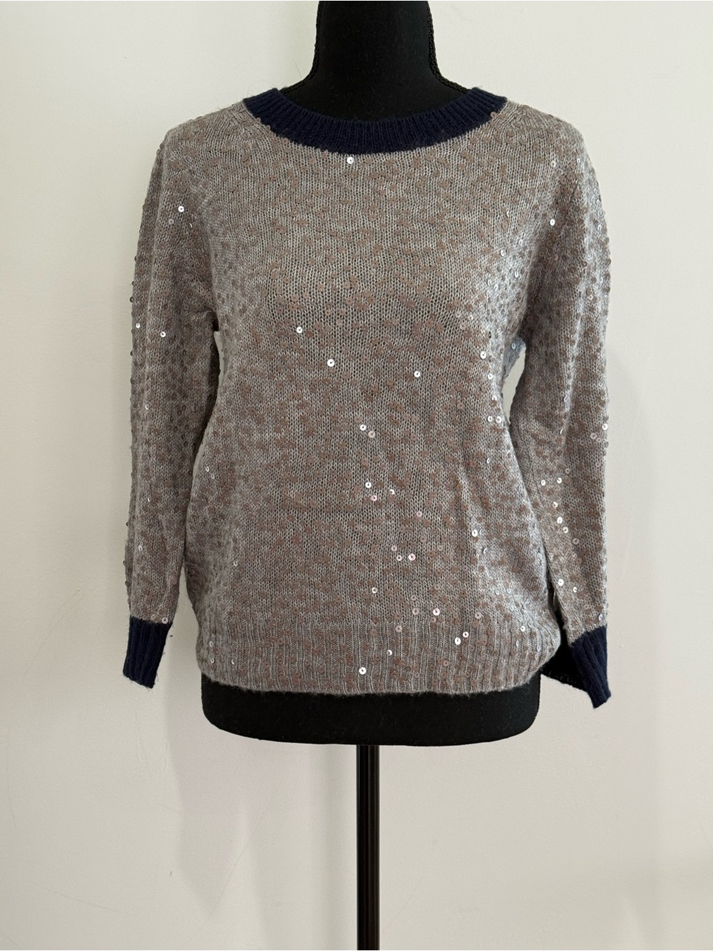 J Crew M 40% Wool Women's Gray Sequin Crewneck Sweater with Navy Trim 482